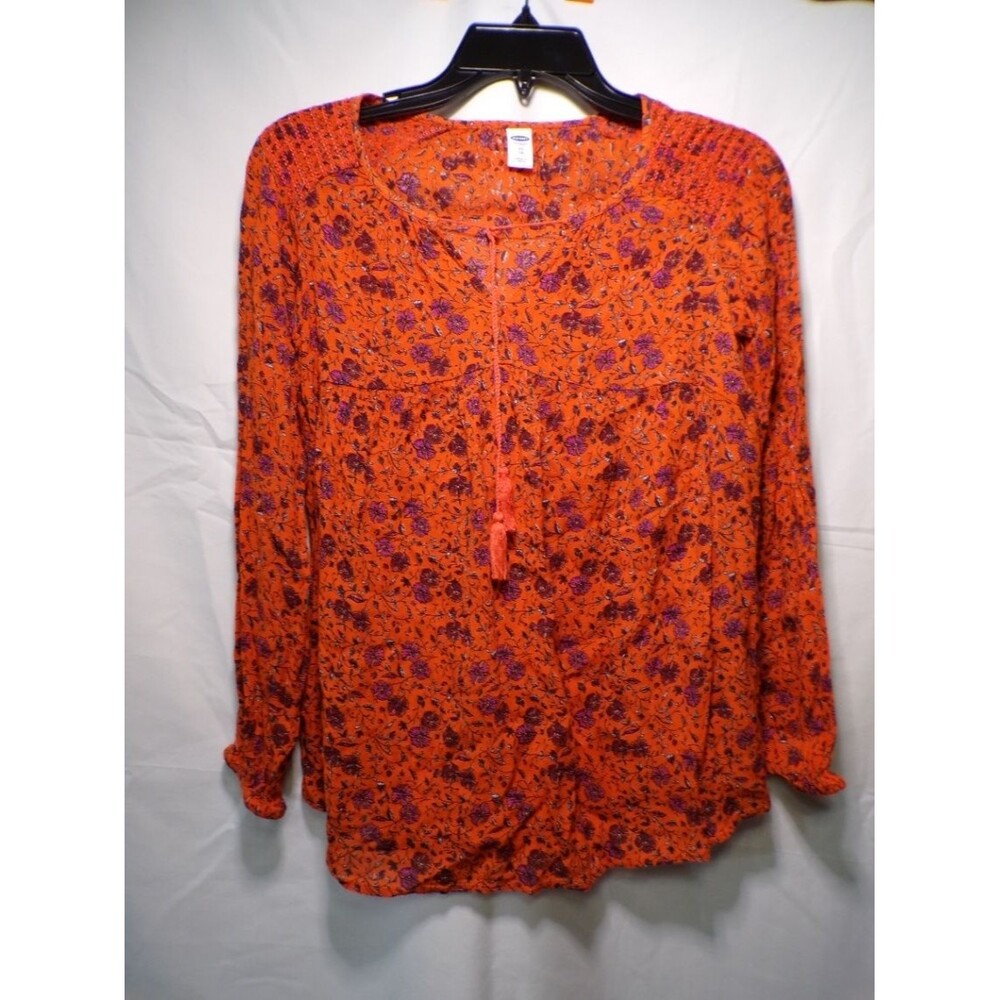 Old Navy Women's Orange Floral Peasant Blouse V Neck Tie Size XS Rayon